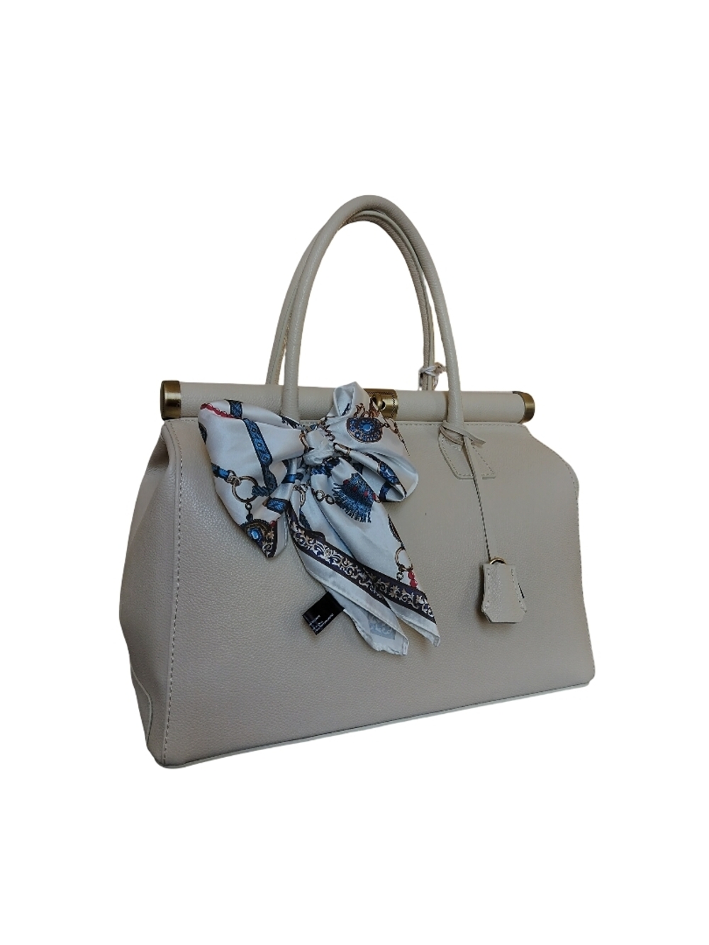 Elegant Cream Structured Satchel Crossbody Leather Bag with Scarf NWT